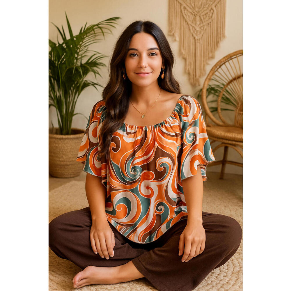 Emily Wonder Boho Swirl Print Flutter Sleeve Blouse Size S NWOT Peasant Top A10